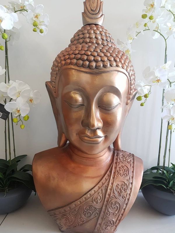 Tête de Bouddha, couleur cuivre h13cm.